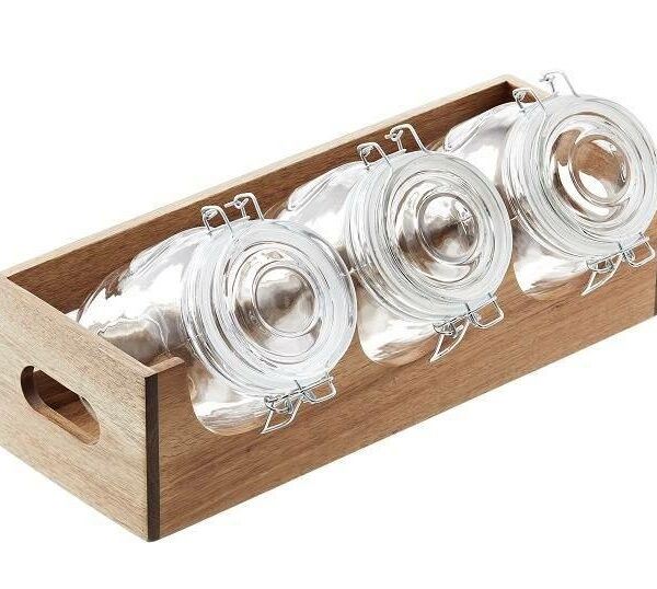 Stojak na słoiki 1L 40x14,5x11cm akacja zestaw z 3 słoikami 1szt